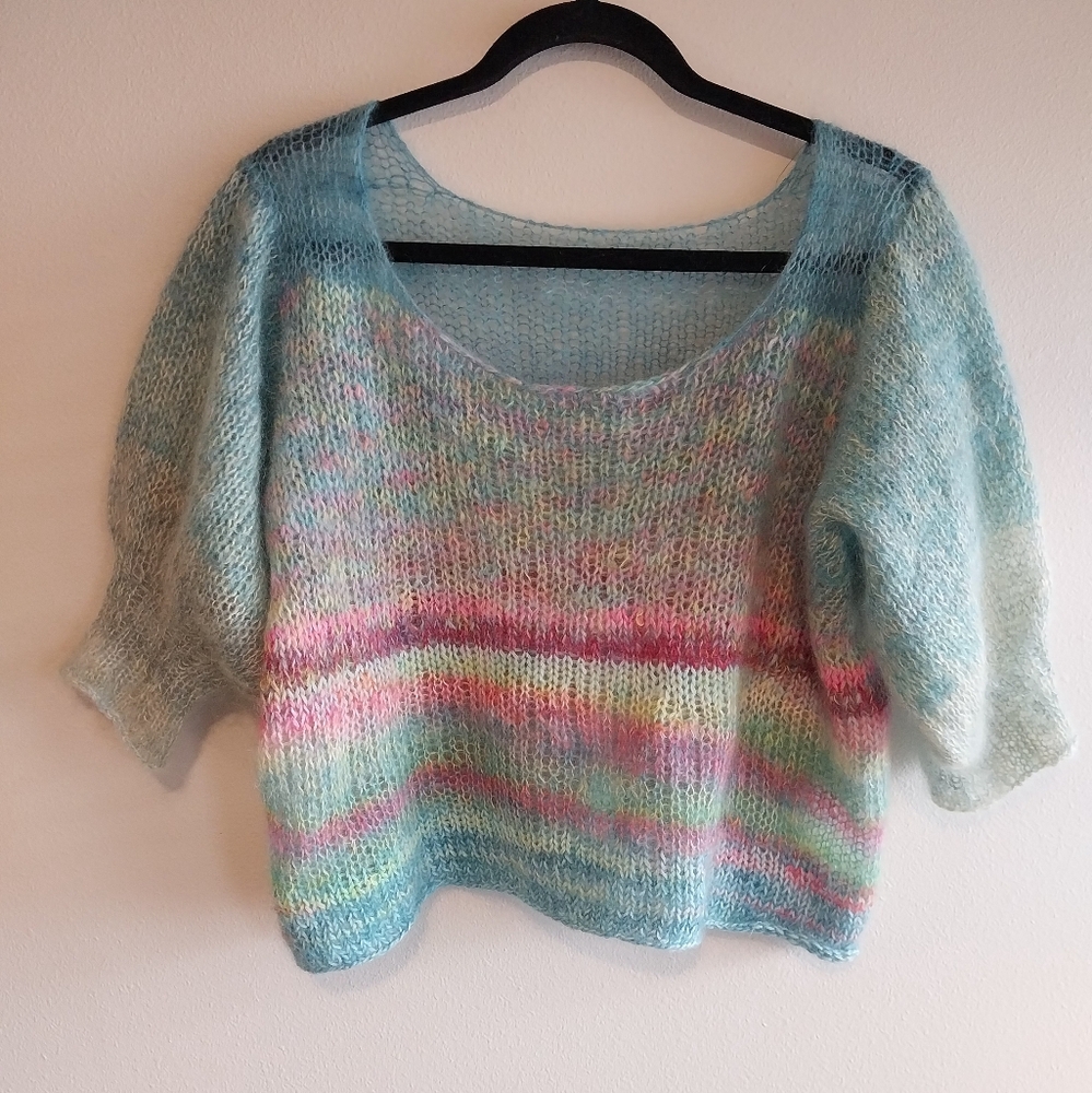 Unbranded Multicolor Mohair Open Knit Puff Short Sleeve Cropped Sweater